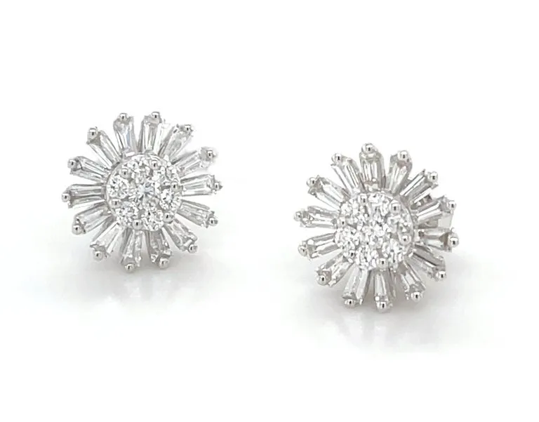 Diamond Baguette Sunflower Earrings in 18k White Gold, .64 Carats Total