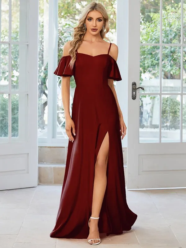 Diamond burgundy drop sleeve ball dress with split Express NZ wide