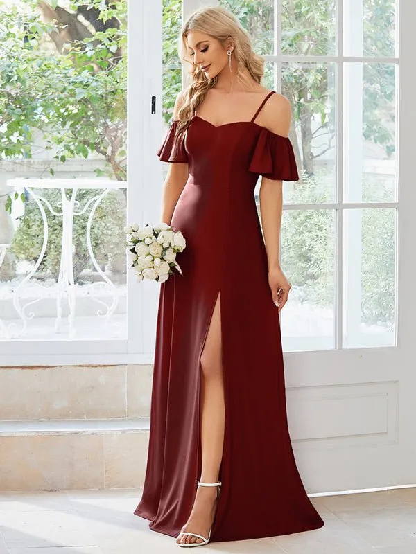 Diamond burgundy drop sleeve ball dress with split Express NZ wide