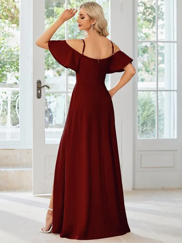 Diamond burgundy drop sleeve ball dress with split Express NZ wide