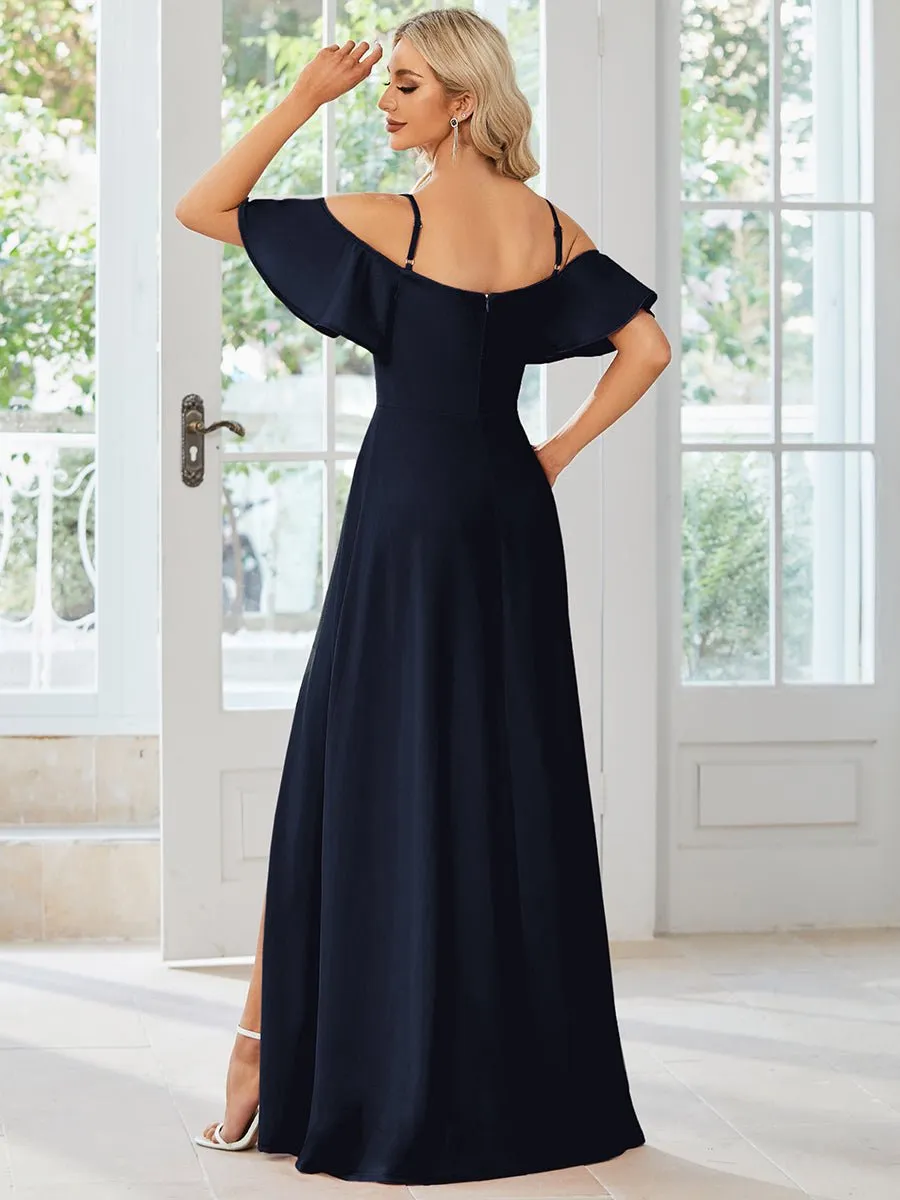 Diamond navy drop sleeve ball dress with split Express NZ wide