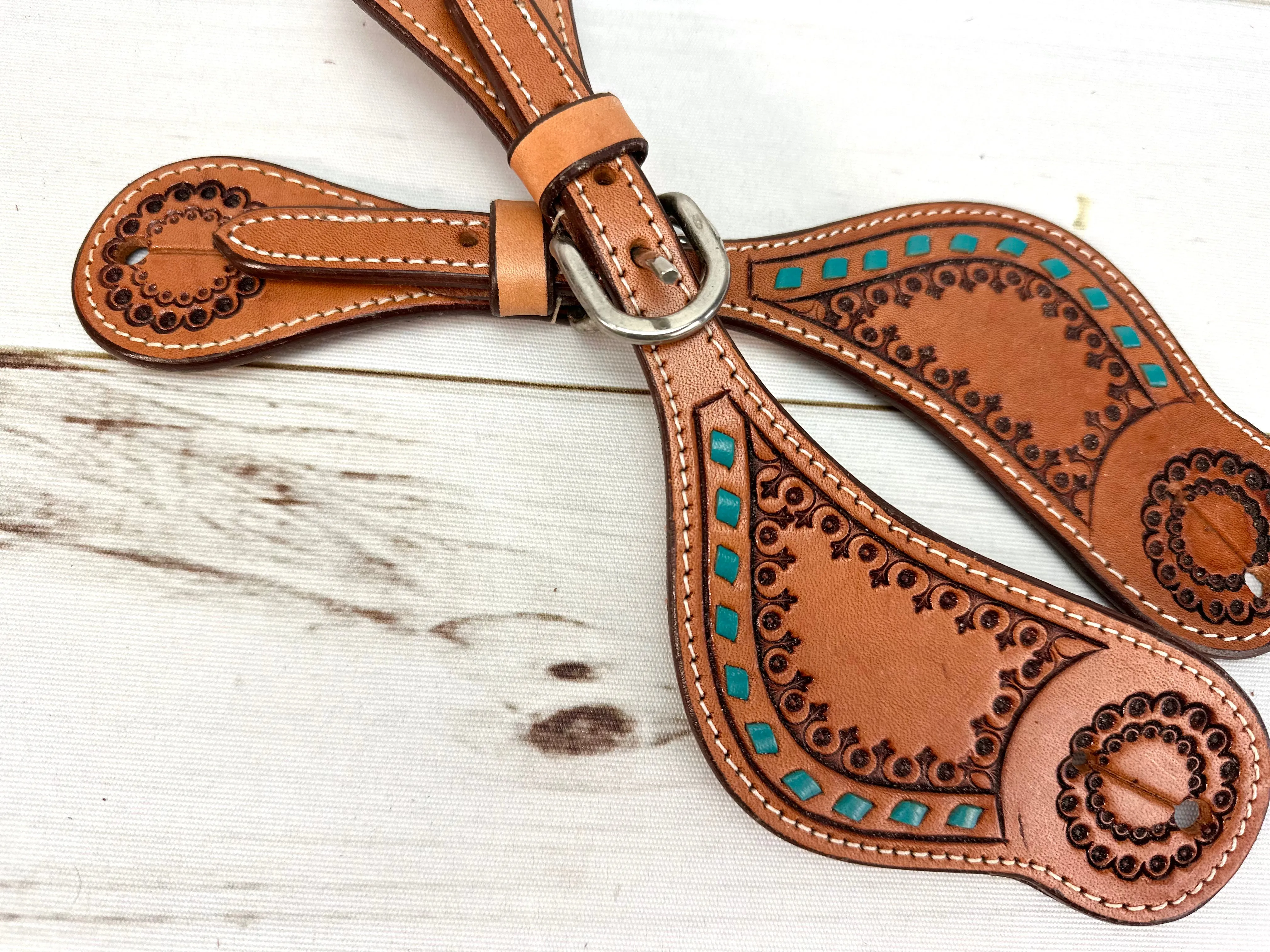 Dotted Stamped Teal Buckstitch Spur Straps