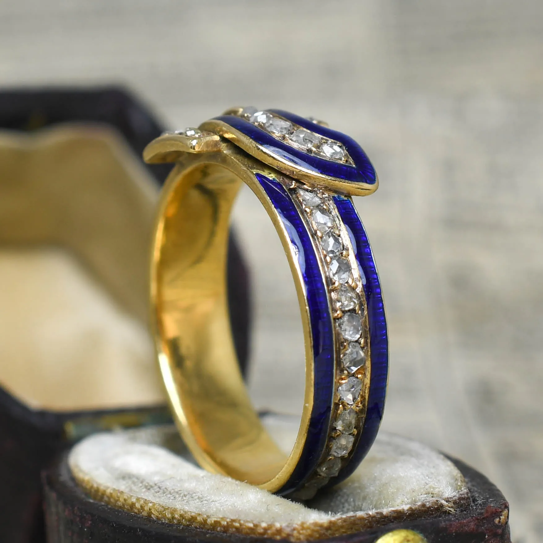 Edwardian Rose Cut Diamond & Enamel Buckle Ring