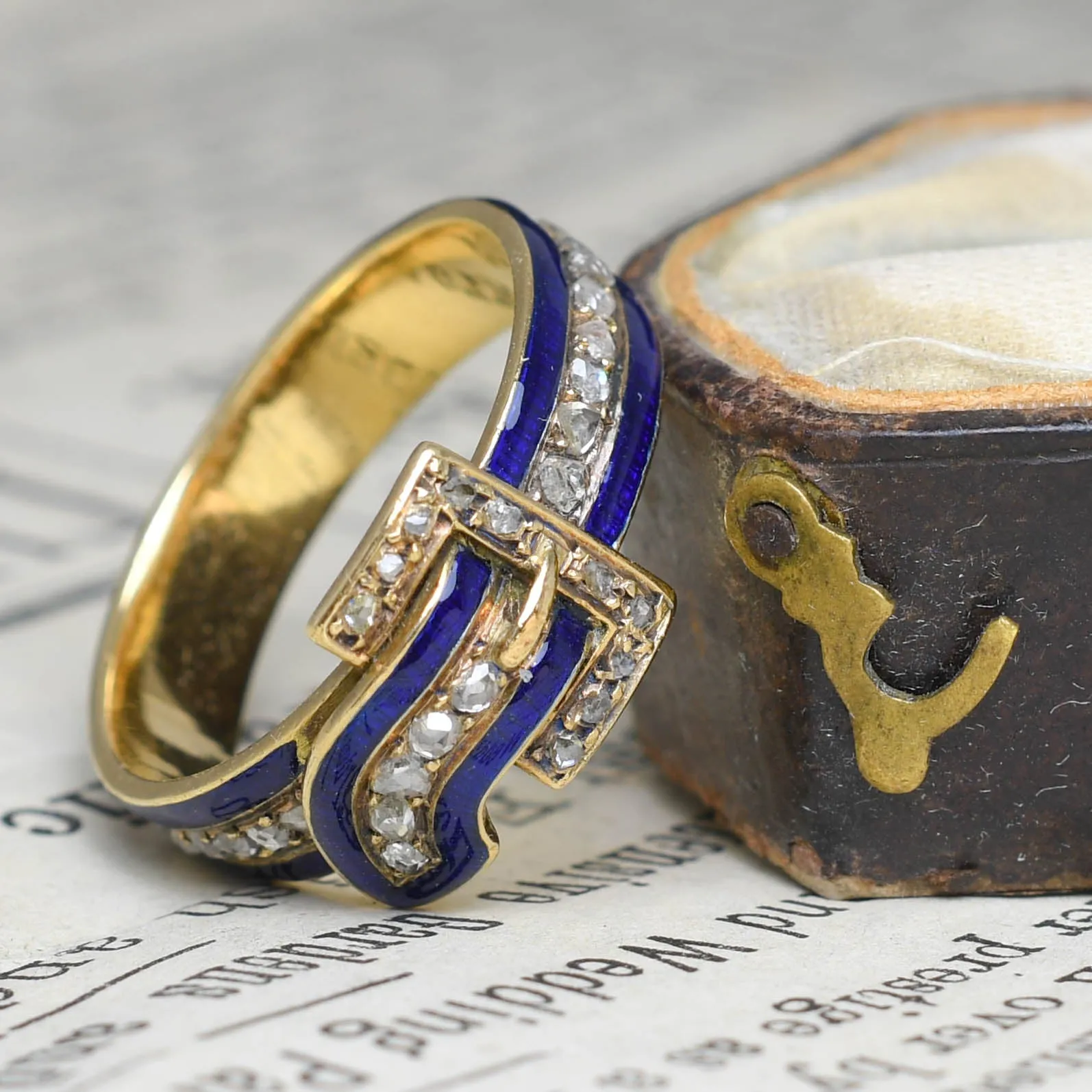 Edwardian Rose Cut Diamond & Enamel Buckle Ring