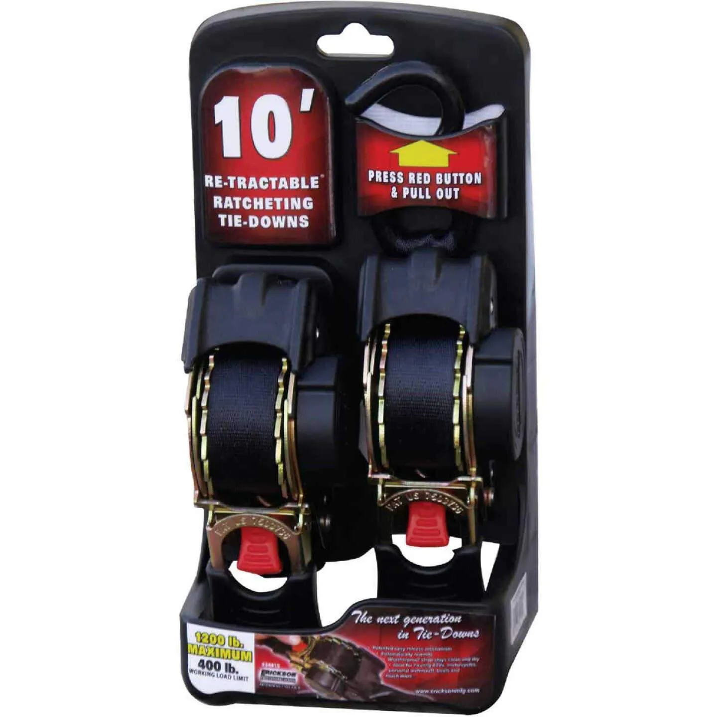 ERICKSON 1" X 10' RETRACTABLE RATCHET STRAP 1200LS 2-PACK
