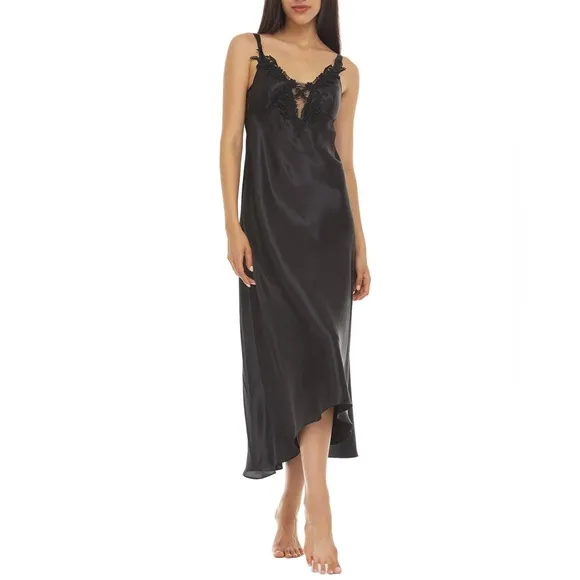 Flora by Flora Nikrooz Stella Satin Venise Trim Lingerie Nightgown (Black)