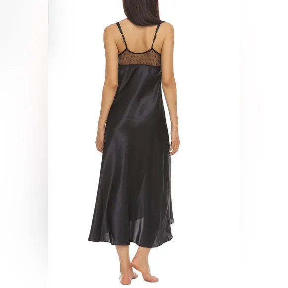 Flora by Flora Nikrooz Stella Satin Venise Trim Lingerie Nightgown (Black)