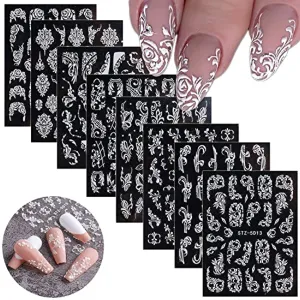 Flower Nail Art Stickers Decals, 8 Sheets 5D Engraved Flower Nail Decals White Wedding Nail Art Accessories French Tips Nail Designs Self Adhesive Lace Flower Carving Nail Stickers for Women Girls