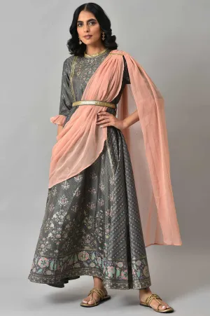 Grey Floral Printed Dress with Peach Drape