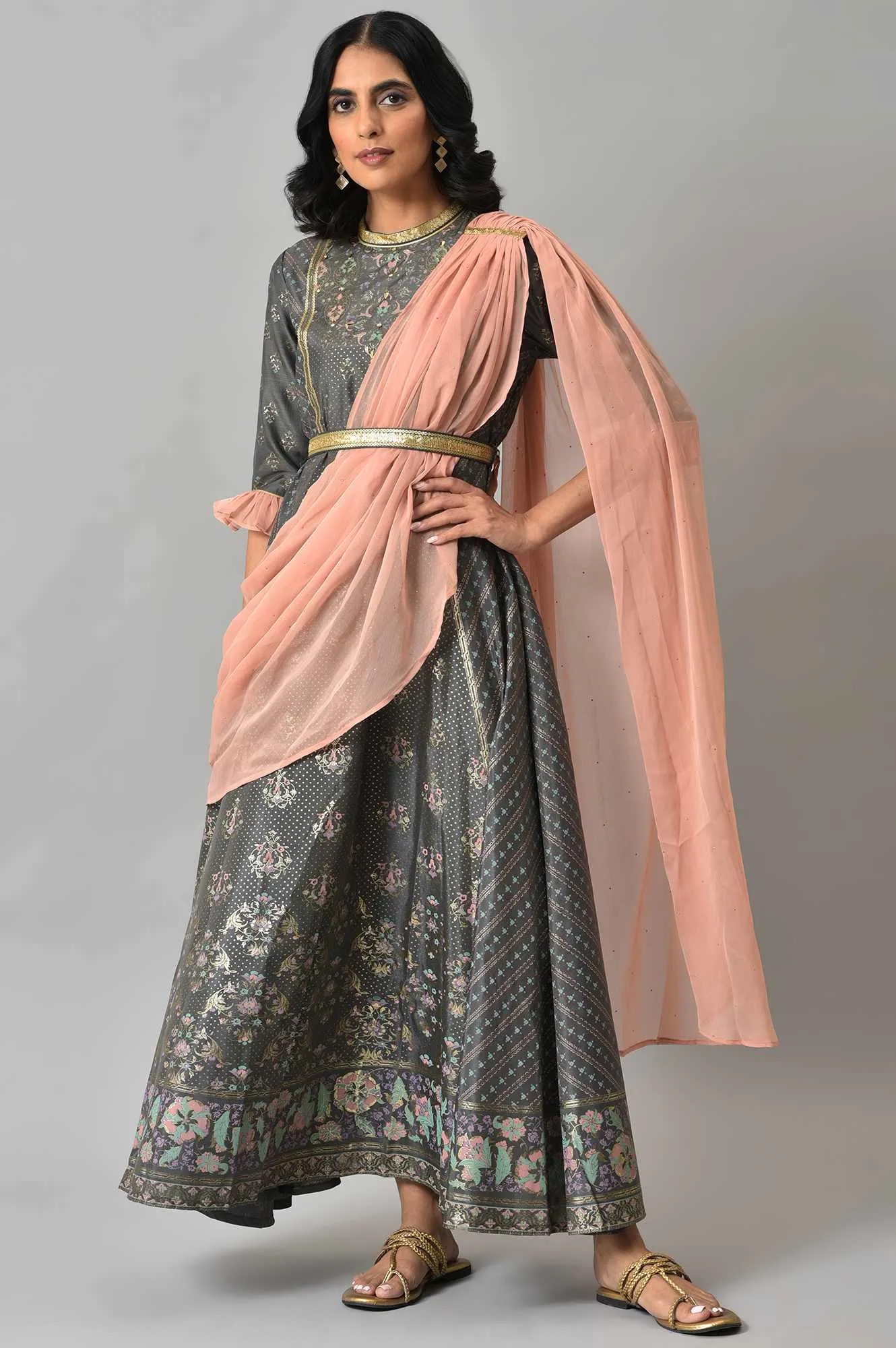 Grey Floral Printed Dress with Peach Drape
