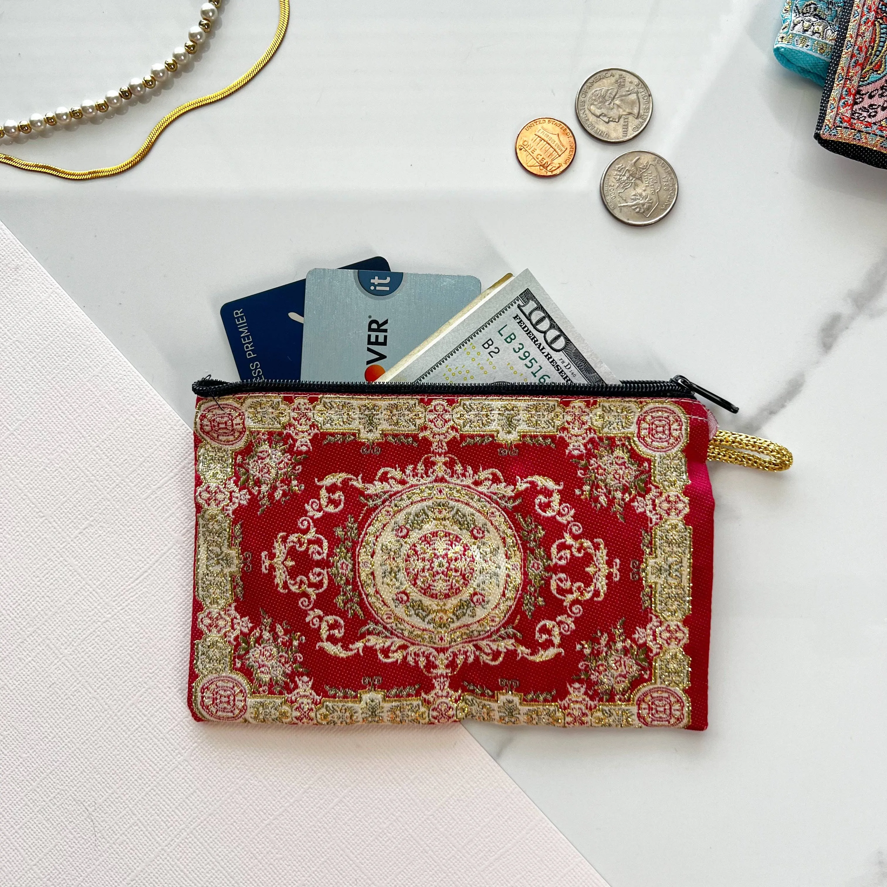 Handmade Fabric Pouch Boho Coin Purse in Red | Zipper Organizer Wallet | Handmade in Turkey | 4" x 5"