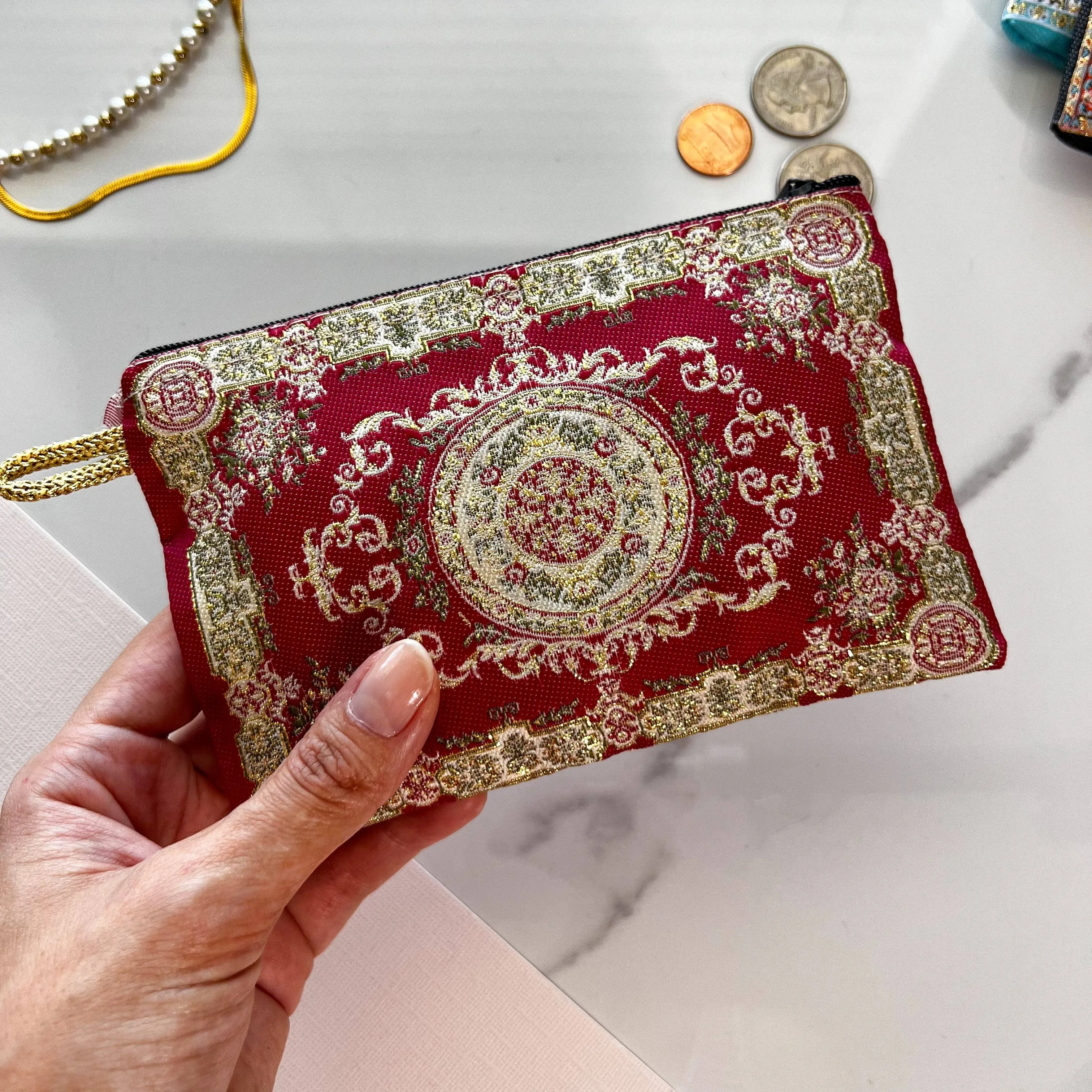 Handmade Fabric Pouch Boho Coin Purse in Red | Zipper Organizer Wallet | Handmade in Turkey | 4" x 5"