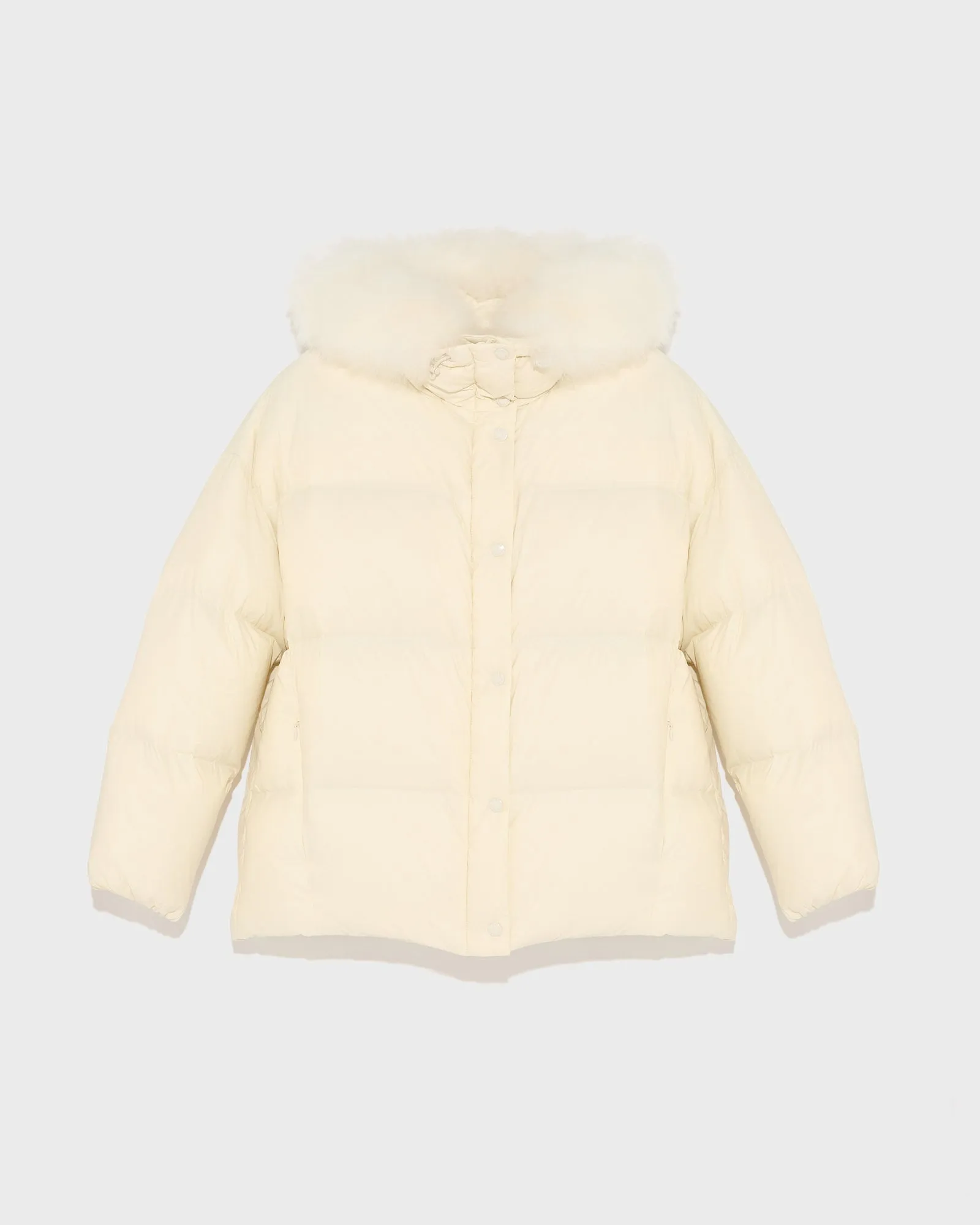 Hooded down jacket with fluffy lambswool trim