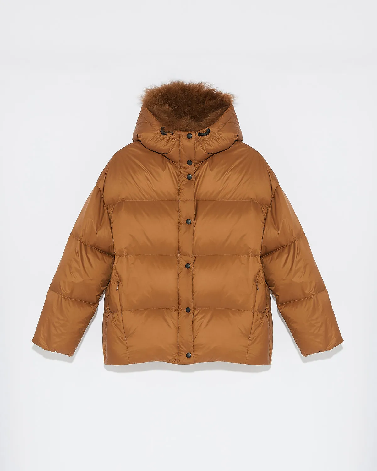 Hooded down jacket with fluffy lambswool trim