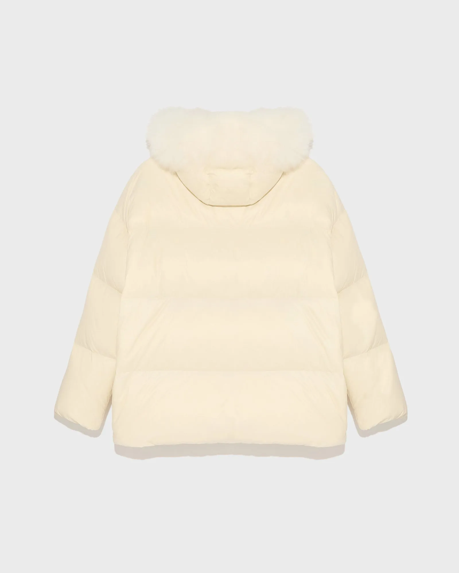 Hooded down jacket with fluffy lambswool trim