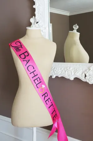 Hot Pink and Black The Bachelorette Sash with Crystal Pin Party Ribbon
