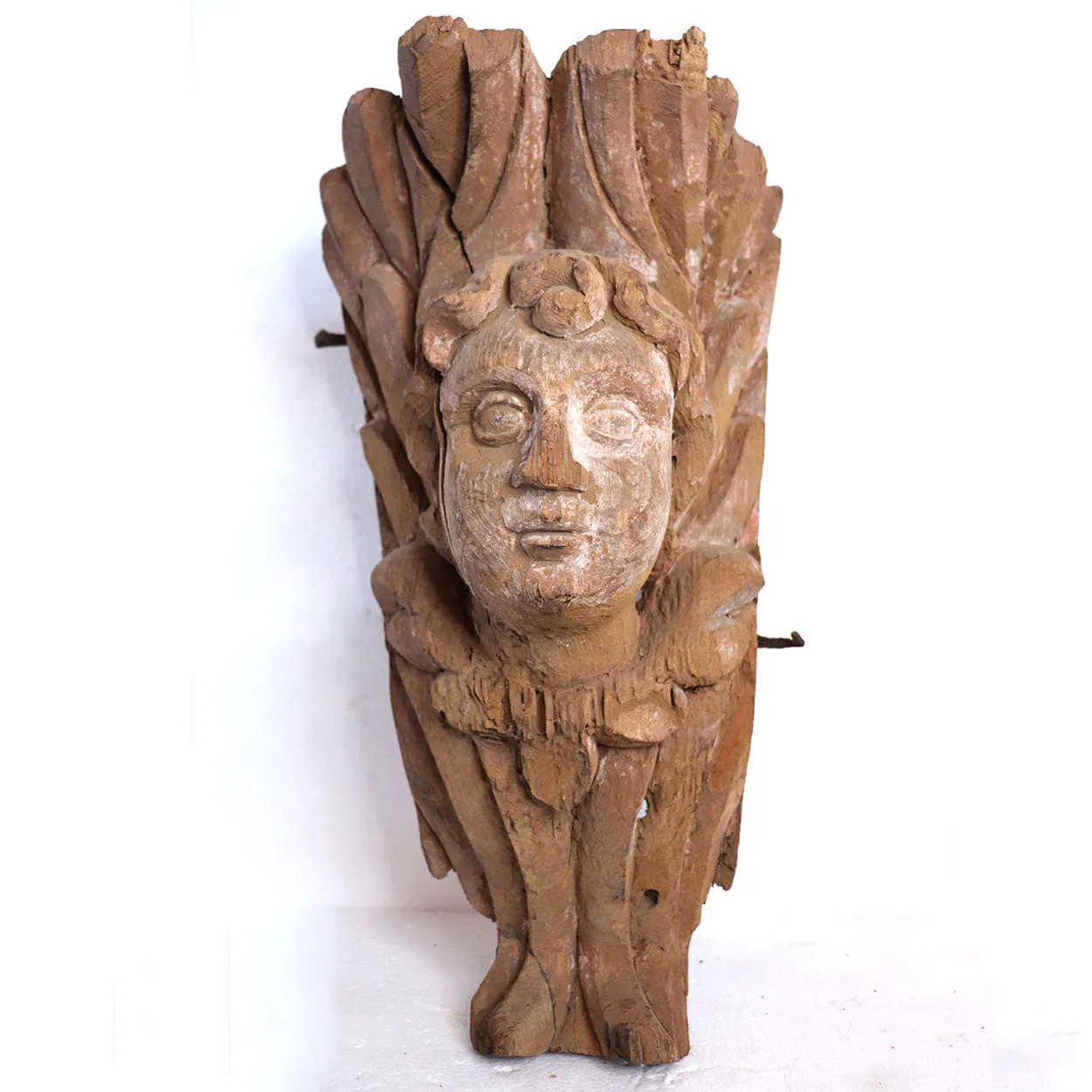 Indo-Portuguese Baroque Teak Angel Face Mask Architectural Carving