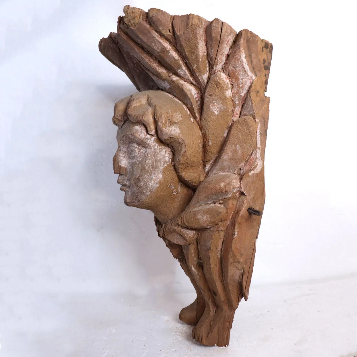 Indo-Portuguese Baroque Teak Angel Face Mask Architectural Carving
