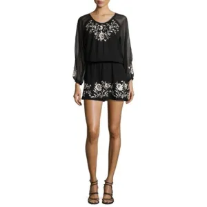 Joie Womens Avanta Embroidered Trim Silk Mini Dress Black Blouson size Medium