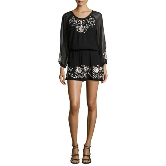Joie Womens Avanta Embroidered Trim Silk Mini Dress Black Blouson size Medium