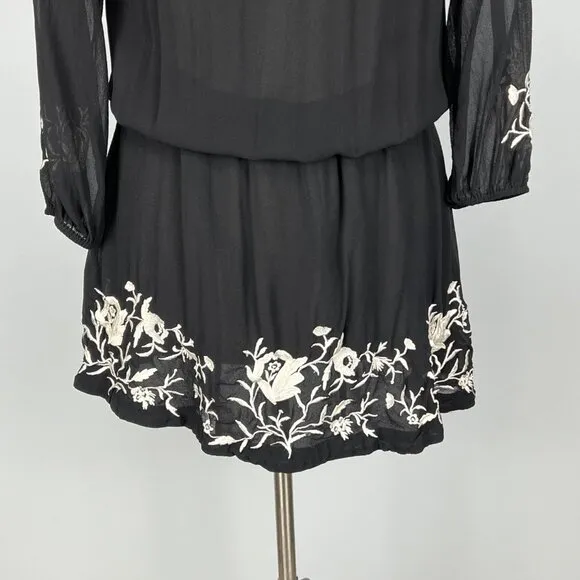 Joie Womens Avanta Embroidered Trim Silk Mini Dress Black Blouson size Medium