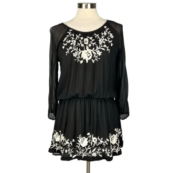 Joie Womens Avanta Embroidered Trim Silk Mini Dress Black Blouson size Medium