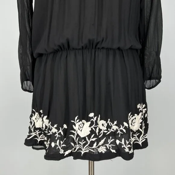 Joie Womens Avanta Embroidered Trim Silk Mini Dress Black Blouson size Medium