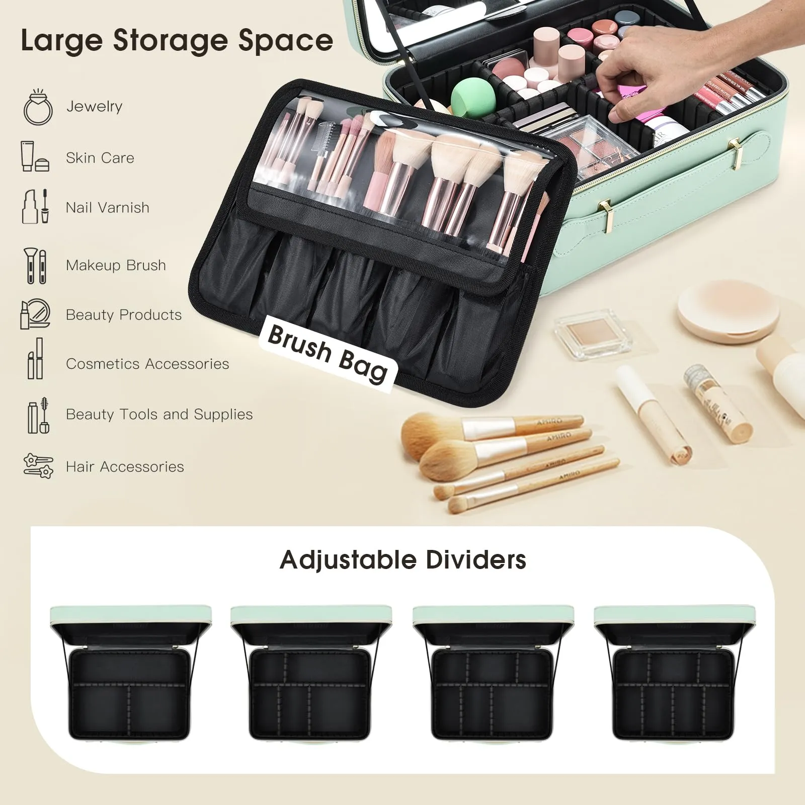 Leather Makeup Case with LED Lighted Mirror 11.4 Inch Travel Makeup Bag Adjustable Brightness in 3 Colors Cosmetic Organizer Artist Storage Bag with Dividers Brush Holder Bag Present Box Watery Blue