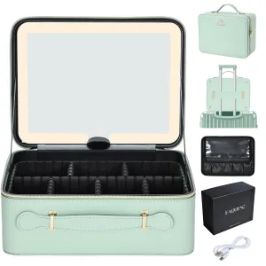Leather Makeup Case with LED Lighted Mirror 11.4 Inch Travel Makeup Bag Adjustable Brightness in 3 Colors Cosmetic Organizer Artist Storage Bag with Dividers Brush Holder Bag Present Box Watery Blue
