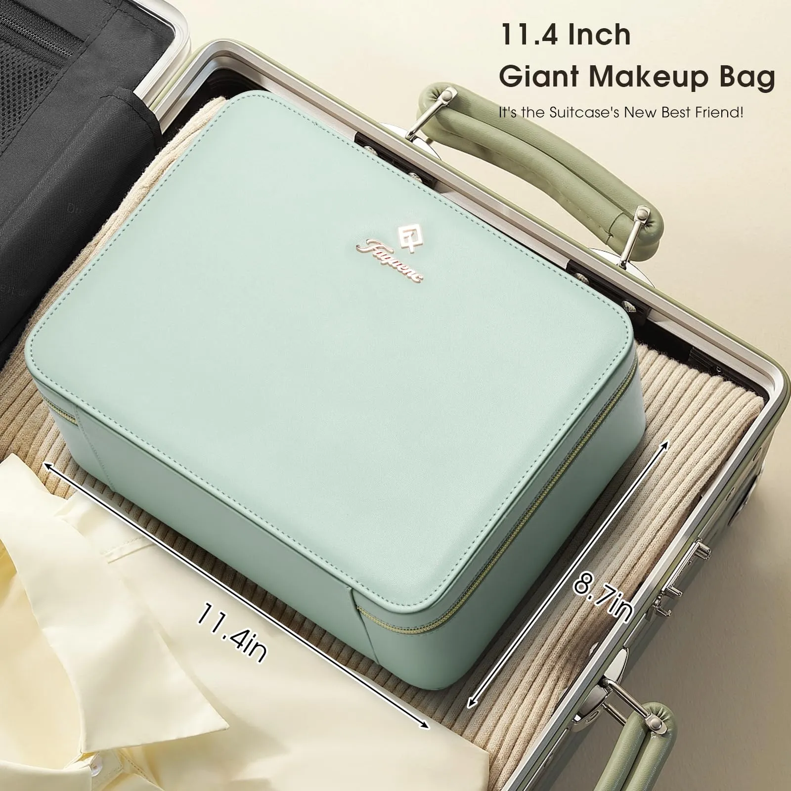 Leather Makeup Case with LED Lighted Mirror 11.4 Inch Travel Makeup Bag Adjustable Brightness in 3 Colors Cosmetic Organizer Artist Storage Bag with Dividers Brush Holder Bag Present Box Watery Blue