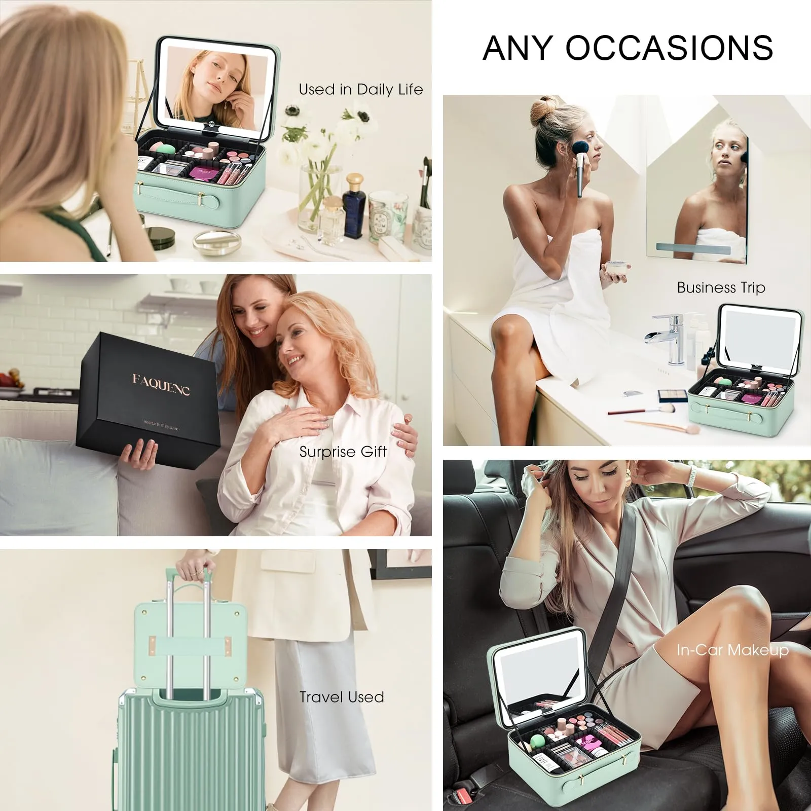 Leather Makeup Case with LED Lighted Mirror 11.4 Inch Travel Makeup Bag Adjustable Brightness in 3 Colors Cosmetic Organizer Artist Storage Bag with Dividers Brush Holder Bag Present Box Watery Blue