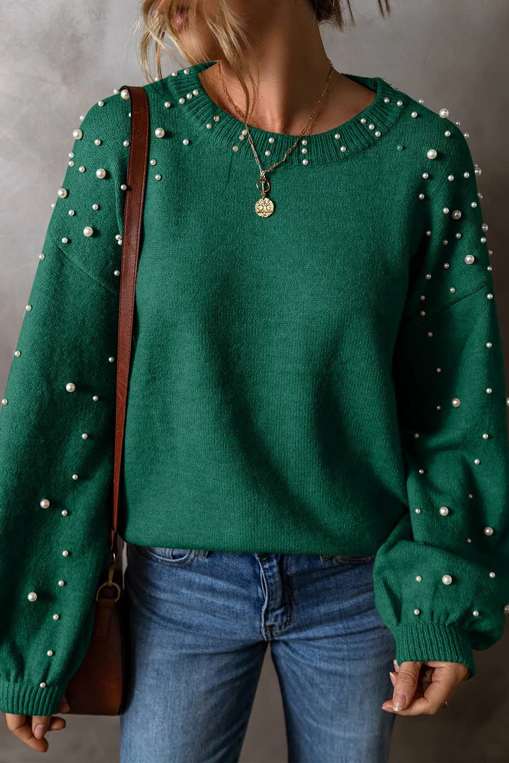 Long Sleeve Round Neck Pearl Pullover Sweater