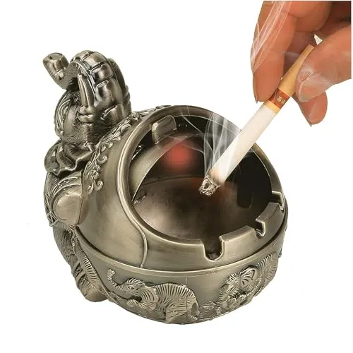 Lucario Windproof Ashtray with Lid Metal Portable Cigarettes Ashtray for Outdoors Indoors Hand Stamped Pattern Smoking Ashtray Fancy Gift for Men Women