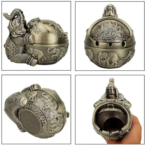Lucario Windproof Ashtray with Lid Metal Portable Cigarettes Ashtray for Outdoors Indoors Hand Stamped Pattern Smoking Ashtray Fancy Gift for Men Women