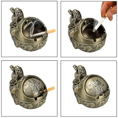 Lucario Windproof Ashtray with Lid Metal Portable Cigarettes Ashtray for Outdoors Indoors Hand Stamped Pattern Smoking Ashtray Fancy Gift for Men Women