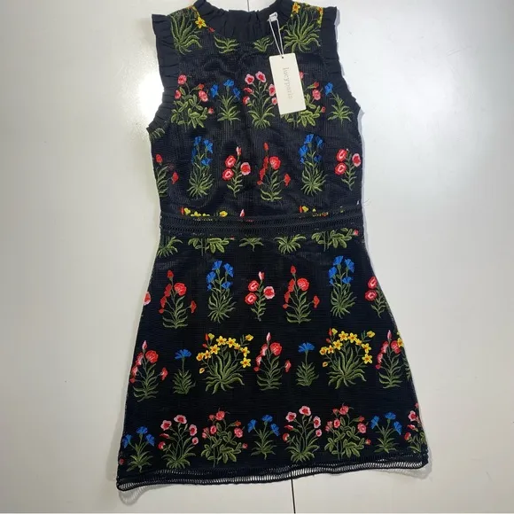 Lucy Paris Black Floral Crochet Ruffle Trim Embroidered Gabby Dress NWT Size L