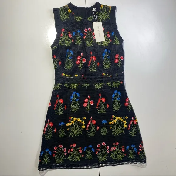 Lucy Paris Black Floral Crochet Ruffle Trim Embroidered Gabby Dress NWT Size L