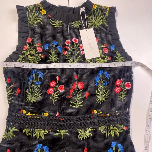 Lucy Paris Black Floral Crochet Ruffle Trim Embroidered Gabby Dress NWT Size L