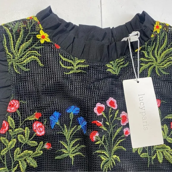 Lucy Paris Black Floral Crochet Ruffle Trim Embroidered Gabby Dress NWT Size L