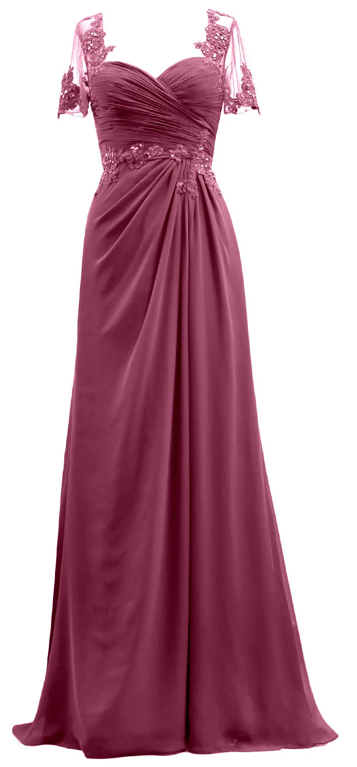 MACloth Women Short Sleeves Lace Formal Evening Gown Maxi Mother of Bride Dress