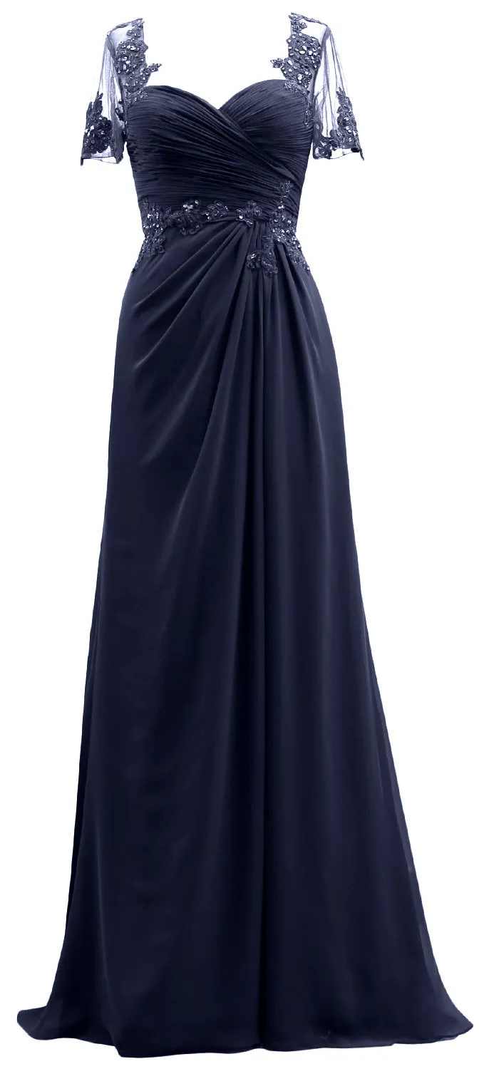 MACloth Women Short Sleeves Lace Formal Evening Gown Maxi Mother of Bride Dress