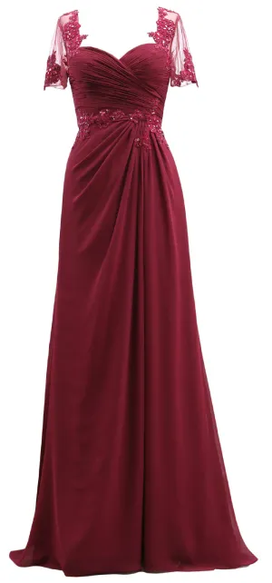 MACloth Women Short Sleeves Lace Formal Evening Gown Maxi Mother of Bride Dress