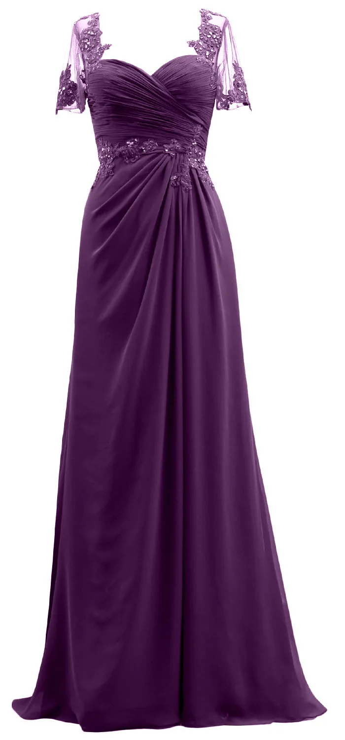 MACloth Women Short Sleeves Lace Formal Evening Gown Maxi Mother of Bride Dress