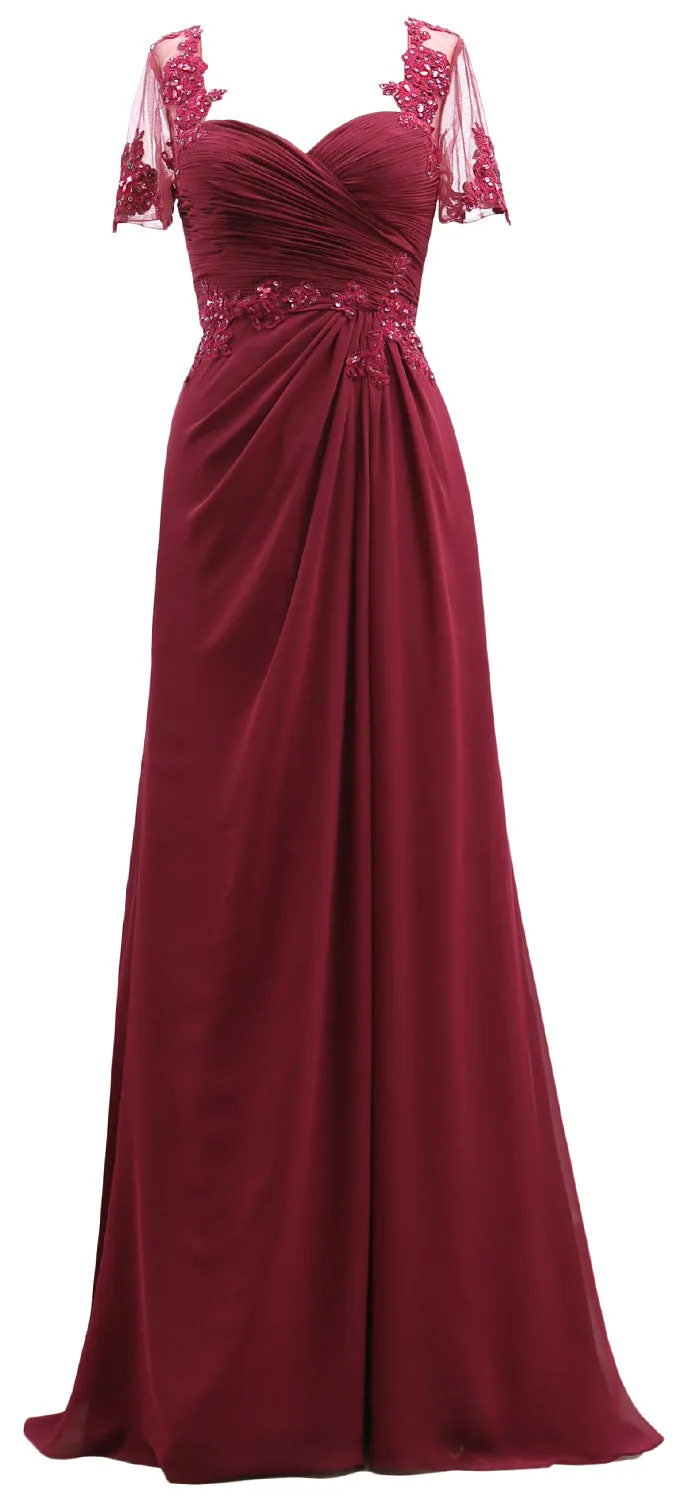 MACloth Women Short Sleeves Lace Formal Evening Gown Maxi Mother of Bride Dress