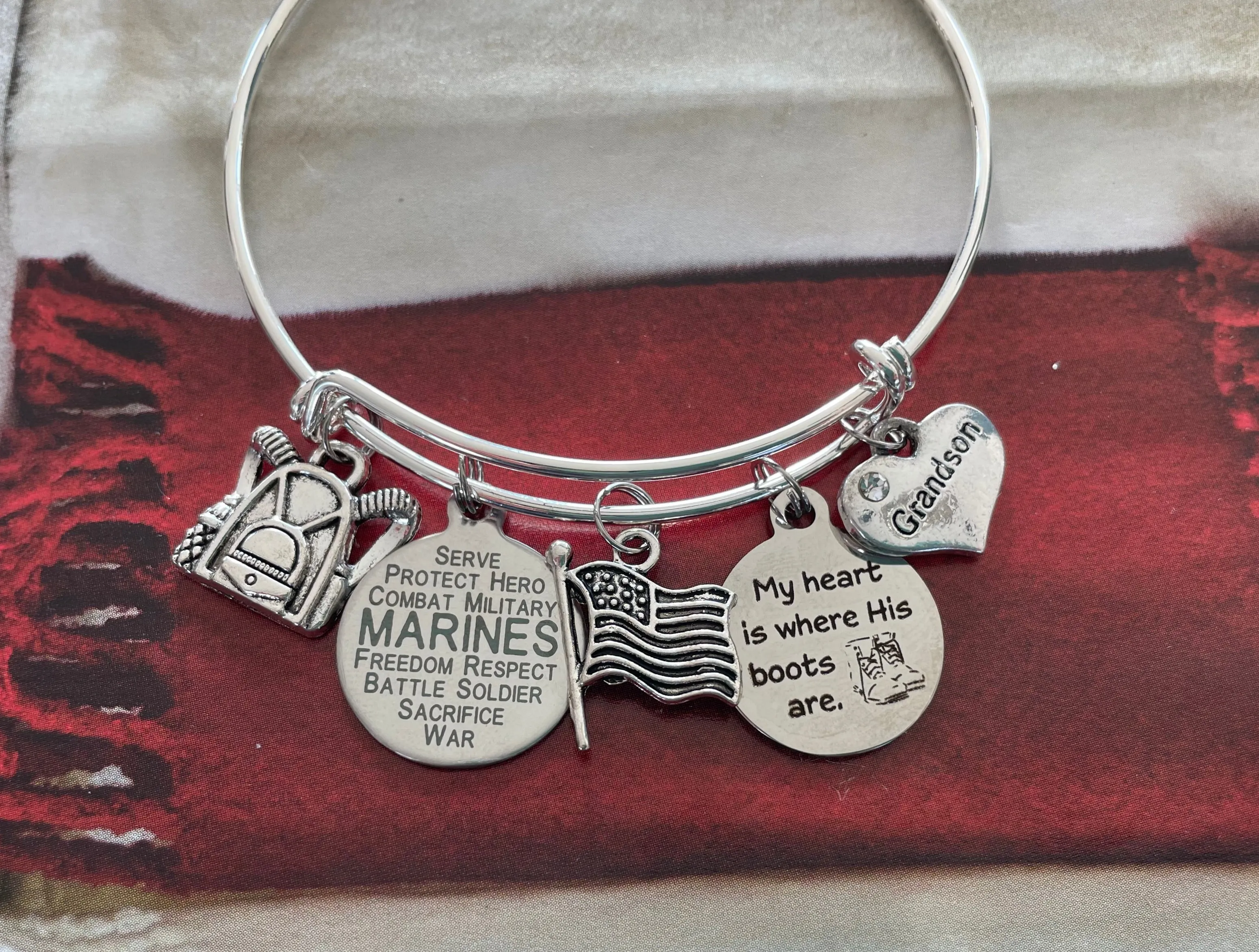 Marine Grandson Gift for Grandmother of Marine Jewelry Expandable Charm Bracelet Silver Adjustable Bangle One Size Fits All Gift Marines USMC