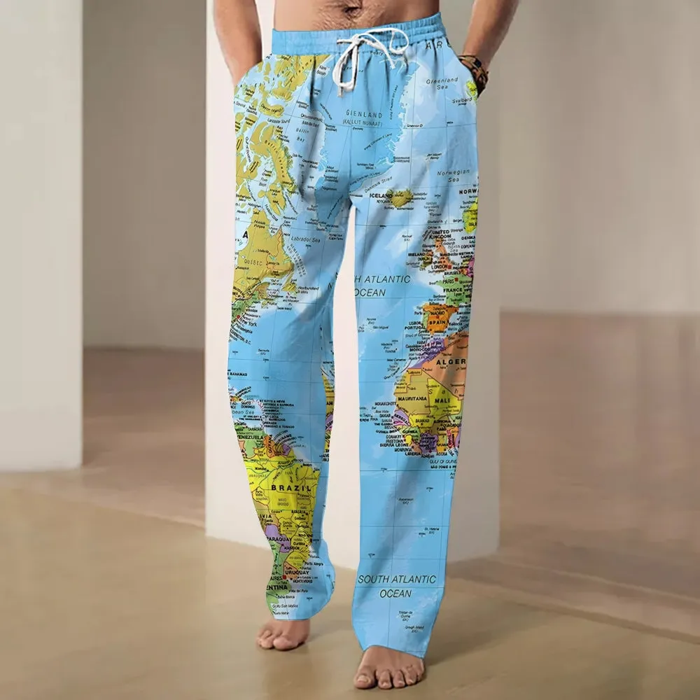 Men's Retro Map Print Casual Long Pants 2411004099