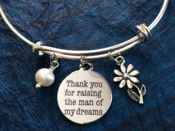 Mother In Law Charm Bangle Adjustable Expandable Thank you for Raising the Man of My Dreams Meaningful Wedding Gift