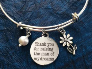Mother In Law Charm Bangle Adjustable Expandable Thank you for Raising the Man of My Dreams Meaningful Wedding Gift