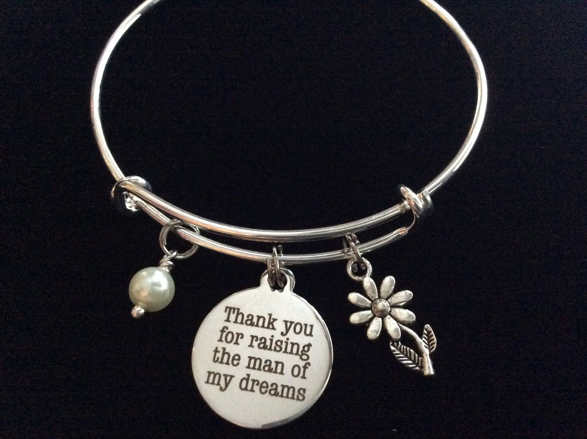 Mother In Law Charm Bangle Adjustable Expandable Thank you for Raising the Man of My Dreams Meaningful Wedding Gift