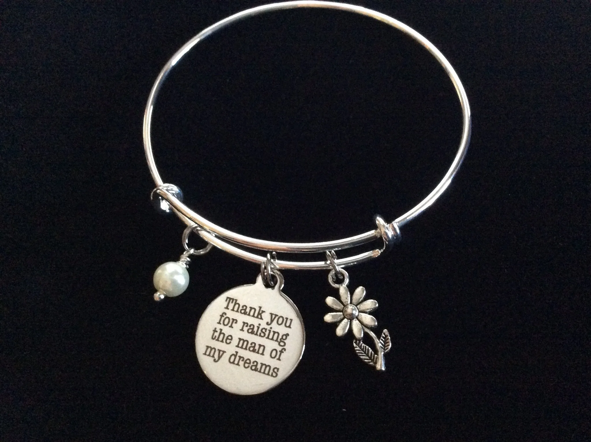 Mother In Law Charm Bangle Adjustable Expandable Thank you for Raising the Man of My Dreams Meaningful Wedding Gift